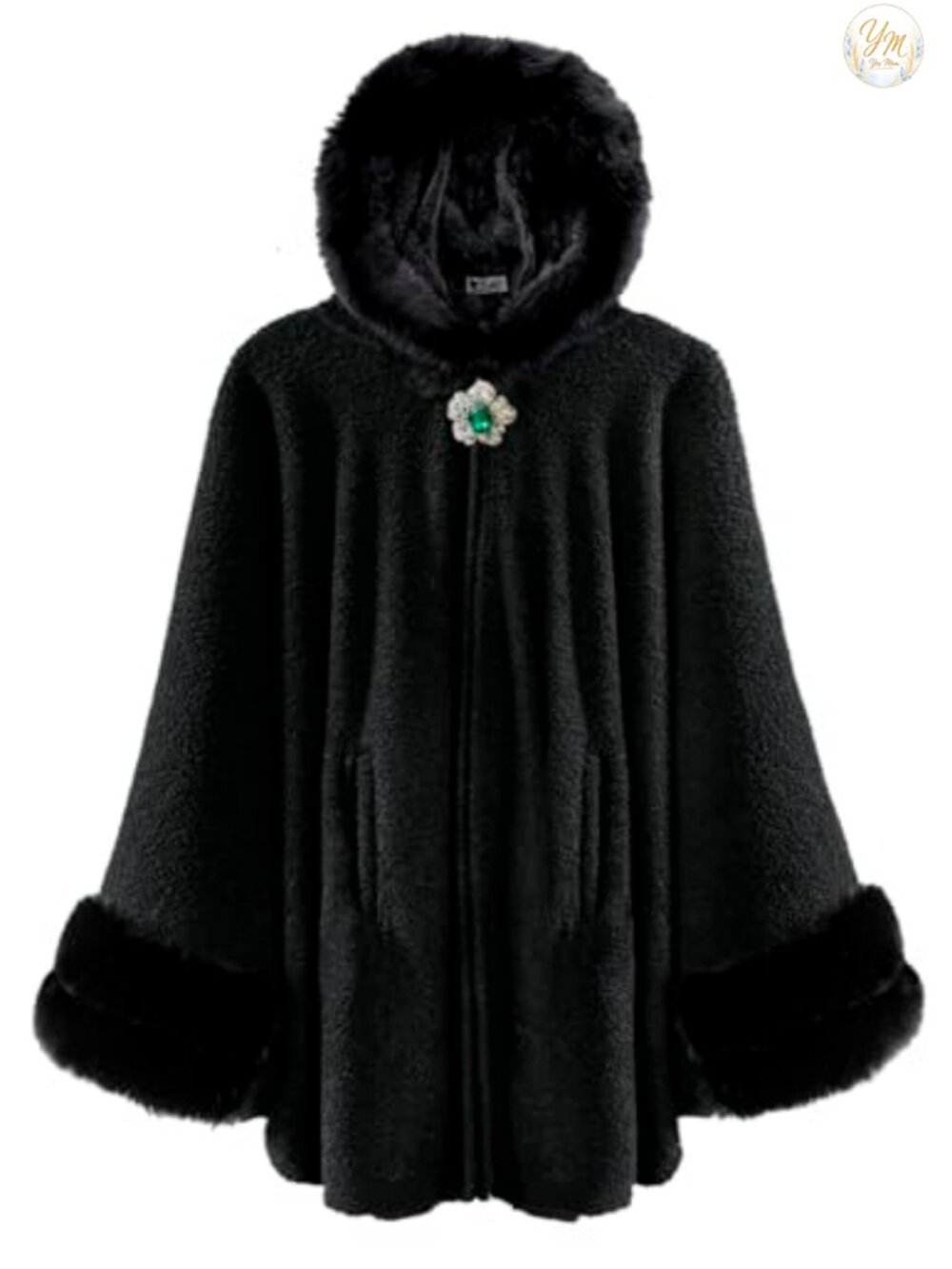 Faux Fur Trim Hooded Fleece Lined Cape Poncho Coat